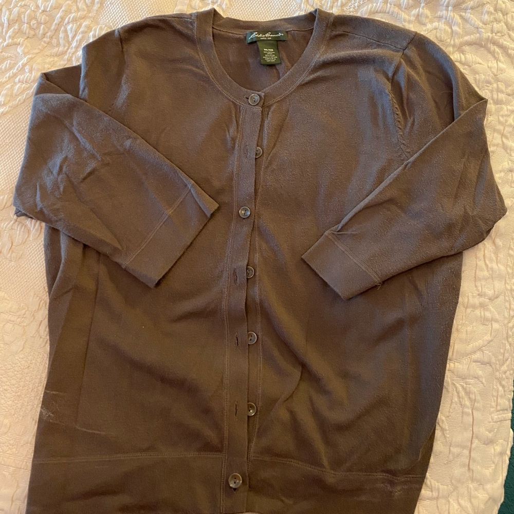 Eddie Bauer 3/4 sleeve cotton/nylon Cardi.  Soft; quiet sophistication